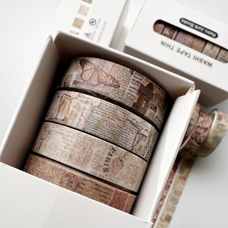 YUBX Vintage Washi Tape Set 8 Rolls Thin Retro Decorative Antique Patterns Masking Tapes for Arts, DIY Crafts, Journals, Planners, Scrapbook, Wrapping (Junk Books) - Image 5
